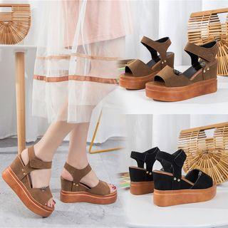 Rhinestone Accent Faux Suede Platform Wedge Sandals