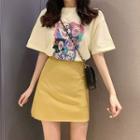 Set: Clown Print Short-sleeve T-shirt + Mini A-line Skirt