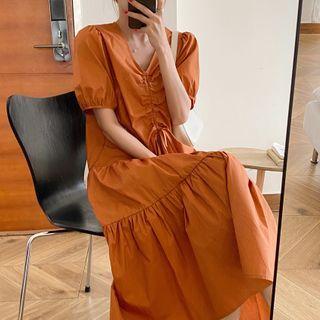 Puff-sleeve Drawstring Plain Loose Fit Dress