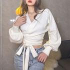 Puff-sleeve Tie-front Crop Sweatshirt