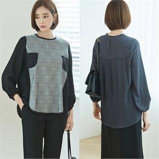 Checked-panel Pleated-back Blouse