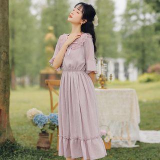 Elbow-sleeve Layered Collar A-line Midi Dress