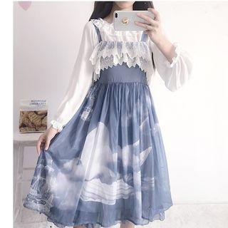 Sleeveless Lace Paneled Printed Chiffon A-line Dress / Long-sleeve Frill Trim Top
