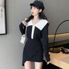 Color Block Long-sleeve Knit Top / Asymmetric Knit Skirt