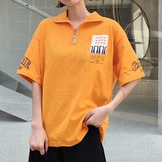 Elbow-sleeve Mock-neck Zip-up Printed Top