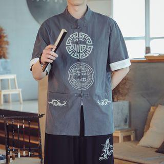 Mandarin Collar Frog-button Embroidered Shirt