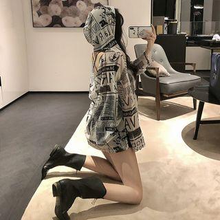 Cutout-back Newspaper-print Hooded Light T-shirt As Figure - One Size