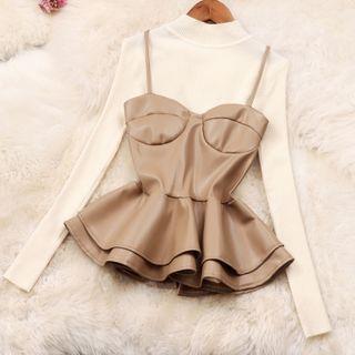 Set: Sleeveless Faux Leather Ruffle Top + Mock Neck Top