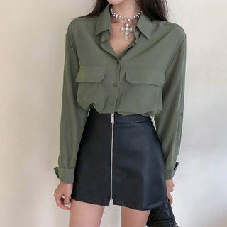 Set: Flap-pocket Shirt + Faux-leather Miniskirt