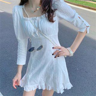 Elbow-sleeve Shirred A-line Dress