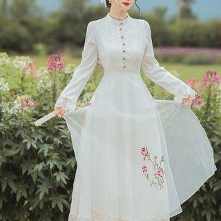 Long-sleeve Floral Embroidered Mesh Overlay Maxi A-line Dress