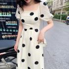 Dotted Open-back Puff-sleeve Dress