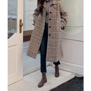 Wool Blend Glen-plaid Coat With Sash Beige - One Size