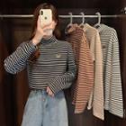 Mock-neck Long-sleeve Striped T-shirt
