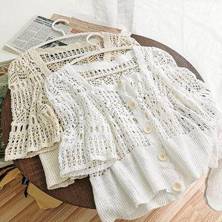 Short-sleeve Buttoned Knit Lace Top