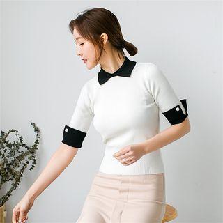 Color Panel Collared Short Sleeve Top