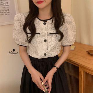 Contrast Trim Floral Puff-sleeve Cropped Blouse As Shown In Figure - One Size