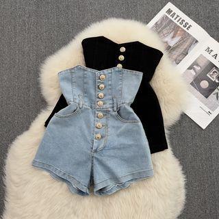 High Waist Button Detail Denim Hot Pants