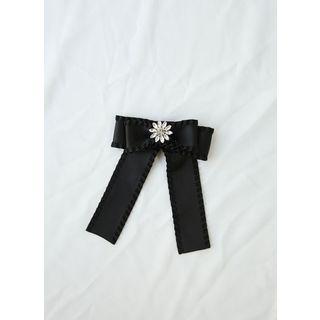 Rhinestone Flower Ribbon Brooch Black - One Size