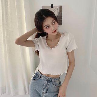 Lettuce Edge Drawstring Short-sleeve Cropped Knit Top