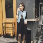 Set: Short-sleeve Mock Two Piece T-shirt Dress + Denim Vest