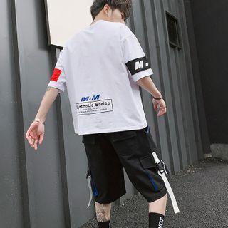 Set: Lettering Elbow-sleeve T-shirt + Buckled Shorts