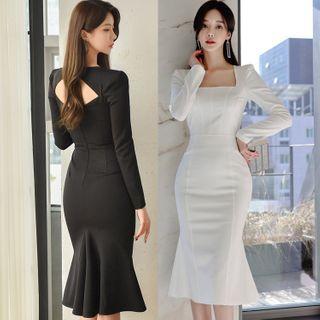 Long-sleeve Open Back Midi Sheath Dress