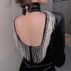 Long-sleeve Fringed Velvet Mini Dress