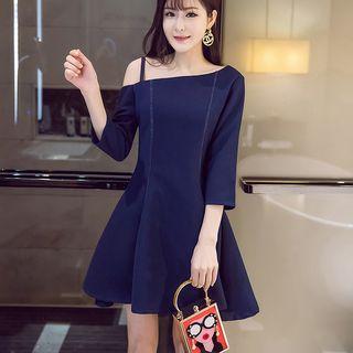 3/4-sleeve Tie-waist A-line Plain Sheath Dress