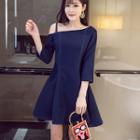 3/4-sleeve Tie-waist A-line Plain Sheath Dress