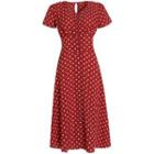 Short-sleeve V-neck Dotted Midi A-line Dress