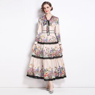Long-sleeve Floral Print Tie-neck Lace Trim Midi A-line Dress