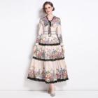 Long-sleeve Floral Print Tie-neck Lace Trim Midi A-line Dress