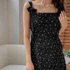 Flower Print Spagehtti-strap Maxi Dress Black - One Size