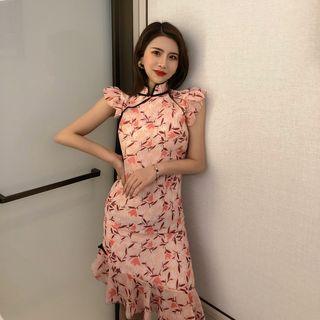 Short-sleeve Floral Printed Mini Qipao Dress