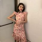 Short-sleeve Floral Printed Mini Qipao Dress