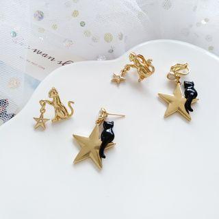 Asymmetrical Cat & Star Drop Earring