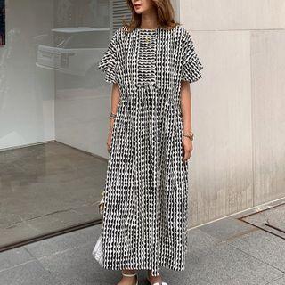 Bell-sleeve Plaid Maxi A-line Dress