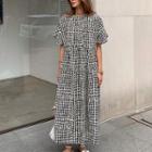 Bell-sleeve Plaid Maxi A-line Dress