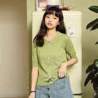 Collared Short-sleeve Pointelle Knit Top