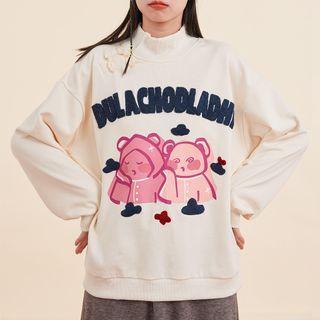 Mock-neck Cartoon Bear Print Sweatshirt