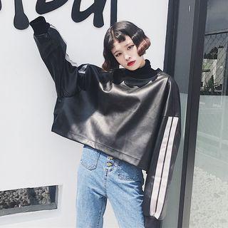 Faux Leather Contrast Trim Crop Pullover Black - One Size