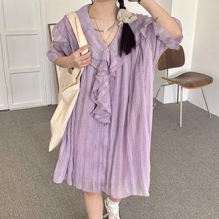 Elbow-sleeve Ruffled V-neck Mini Dress