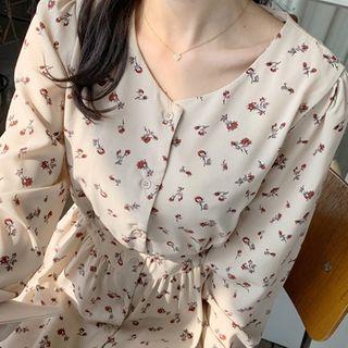 V-neck Button-through Rosette Dress With Sash Beige - One Size