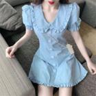 Short-sleeve Wide Collar Frill Trim A-line Mini Dress