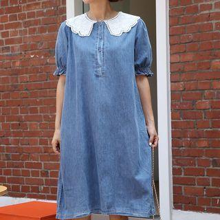 Lace-collar Denim Shift Dress Blue - One Size