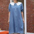 Lace-collar Denim Shift Dress Blue - One Size