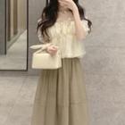 Off-shoulder Ruffle Blouse / Midi A-line Skirt / Set