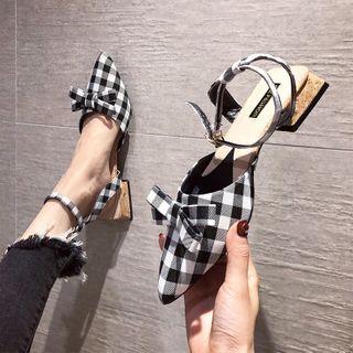 Plaid Pointy-toe Bow Block Heel Sandals