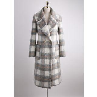Wide-lapel Furry Long Plaid Coat